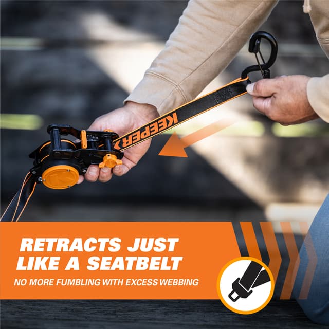 Retracts just like a seatbelt. No more fumbling with excess webbing.